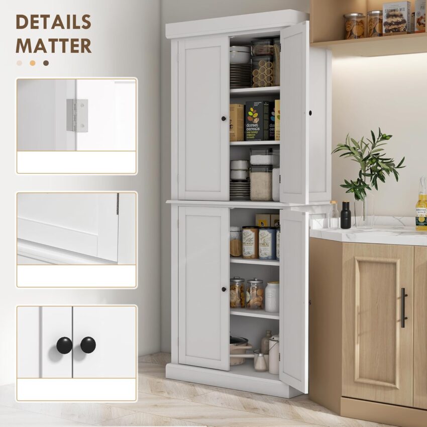 72.5" Freestanding Kitchen Pantry – Tall Storage Cabinet with 4 Doors & Adjustable Shelves (White)
