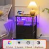Set of 2 LED Nightstands with Charging Station – Black Bedside Tables with Fabric Drawers - Image 5