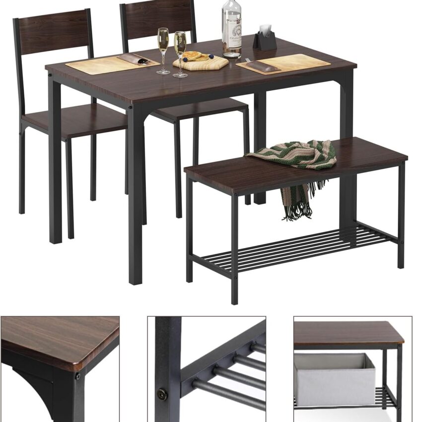 4-Piece Dining Table Set with Bench & Chairs – 43.3" Rustic Oak Kitchen Set for Small Spaces