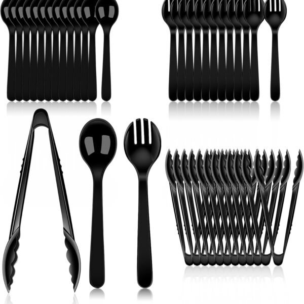36-Piece Disposable Serving Utensils – 12 Sets of Black Plastic Spoons, Forks & Tongs for Parties