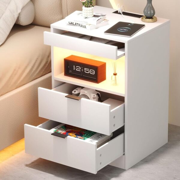 LED Nightstand with Charging Station – Modern Side Table with 2 Pull-Out Shelves, White