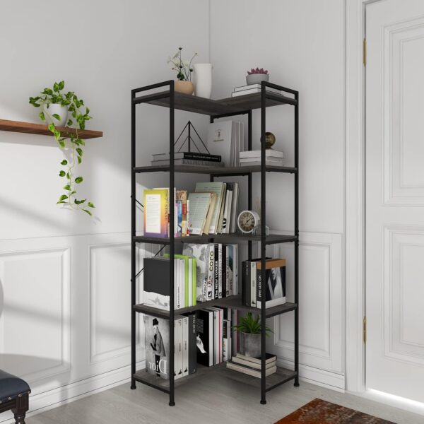 5-Tier Deformable Corner Bookshelf – Free-Standing Industrial Bookcase for Home or Office (Dark Grey)