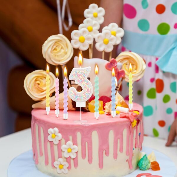 Number 3 Birthday Candle with 12 Spiral Candles – Pastel Unicorn Pink Cake Topper