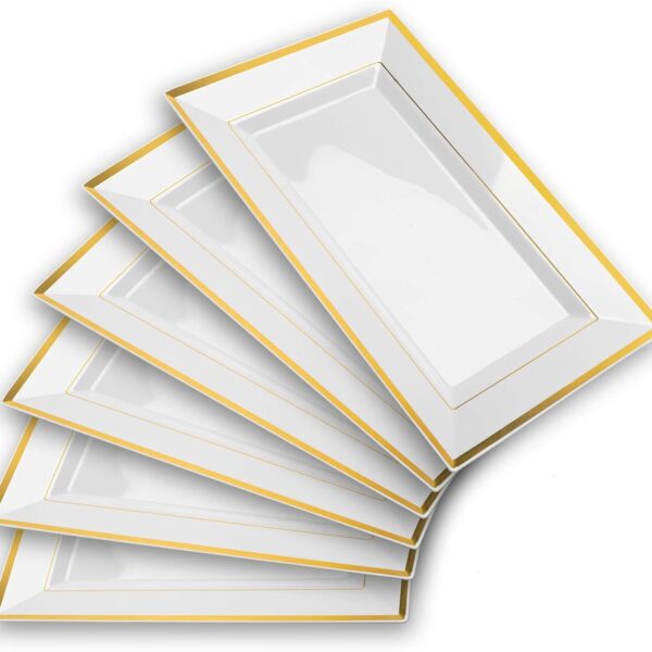 Elegant Plastic Serving Tray Set (6 Pack) – White with Gold Rim, 8" x 12.85" Disposable Platters for Parties & Weddings