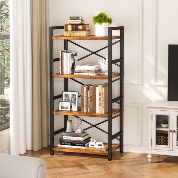 4-Tier Small Bookshelf – Rustic Brown Metal Bookcase for Storage & Organization in Home or Office