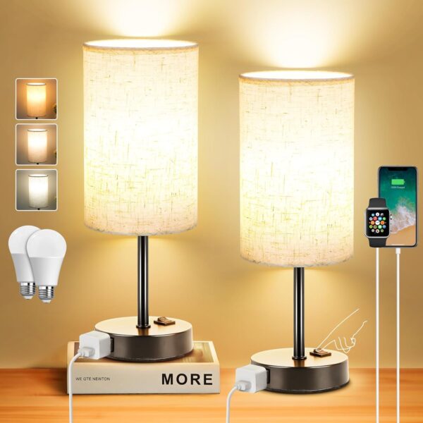 Set of 2 Dimmable Bedside Lamps with AC Outlet – Flaxen Shade & Black Base