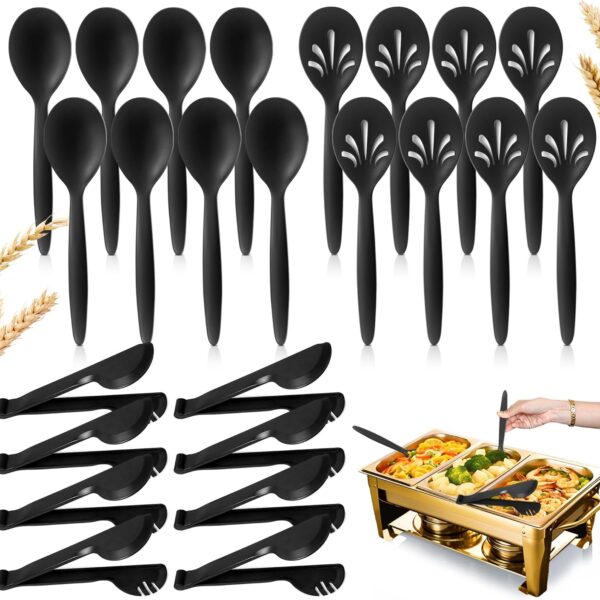 24-Piece Reusable Plastic Serving Utensils Set – Wheat Straw 10" Spoons, Slotted Spoons & Tongs for Party & Catering (Black)