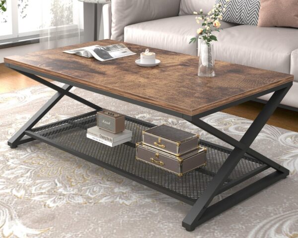 Rustic Coffee Table with Storage – 47" Industrial Wood & Metal 2-Tier Table with Mesh Shelf (Rustic Brown)