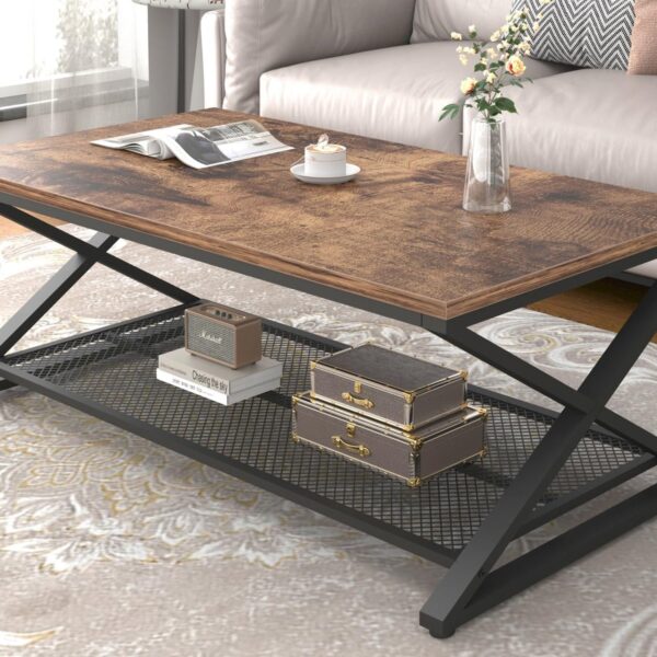Rustic Coffee Table with Storage – 47" Industrial Wood & Metal 2-Tier Table with Mesh Shelf (Rustic Brown)