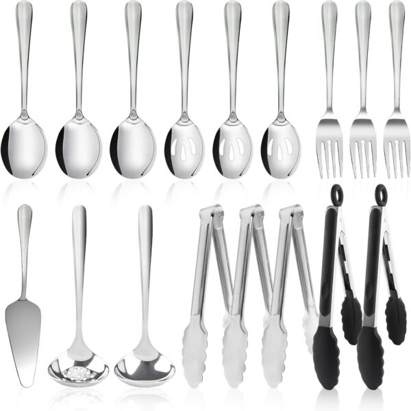 17-Piece Stainless Steel Serving Utensils Set – Spoons, Forks, Tongs, Cake Server & More for Buffet & Catering