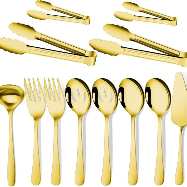 12-Piece Gold Serving Utensils Set – Spoons, Forks, Tongs, Ladle & Cake Server for Buffet & Catering