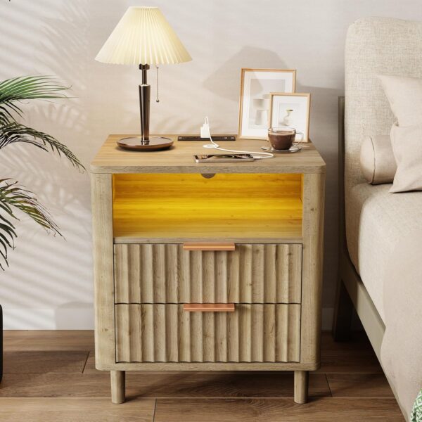 Nightstand with Charging Station – Fluted Design, 2 Drawers & Open Shelf, Oak Finish
