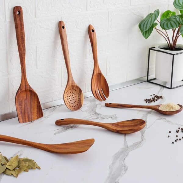 6-Piece Teak Wooden Cooking Spoon Set – Heat-Resistant, Lightweight & Non-Stick Safe