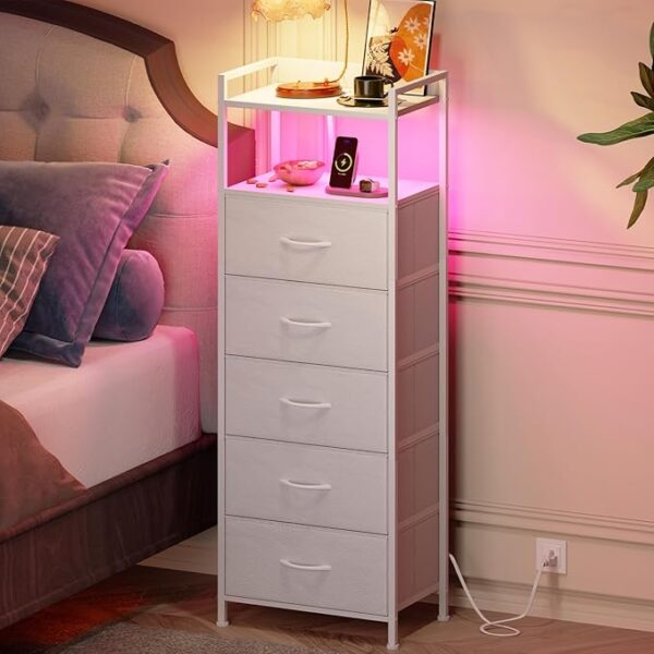 White Nightstand with Charging Station & LED – Tall 5-Drawer Dresser with Fabric Bins, White Leather
