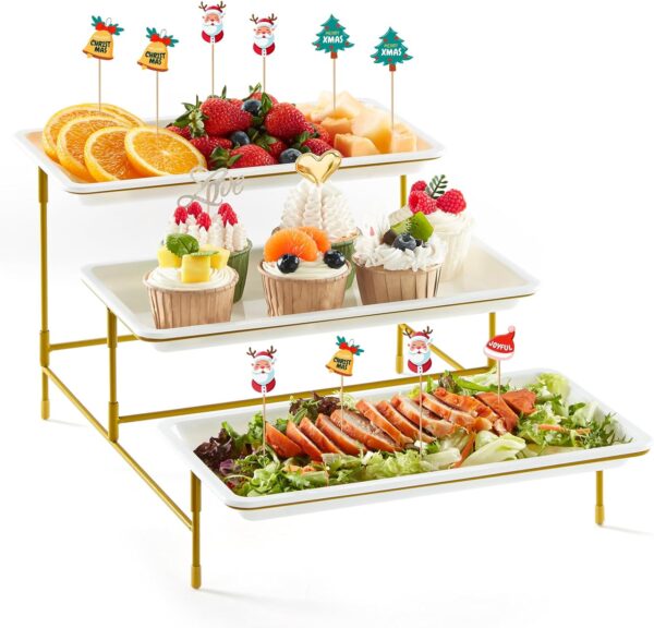 3-Tier Plastic Serving Tray – 12" x 6.5" Crack-Proof Platters with Gold Stand for Veggies, Fruit & Desserts
