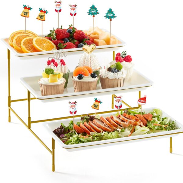 3-Tier Plastic Serving Tray – 12" x 6.5" Crack-Proof Platters with Gold Stand for Veggies, Fruit & Desserts