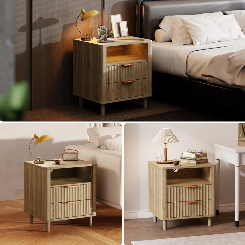Nightstand with Charging Station – Fluted Design, 2 Drawers & Open Shelf, Oak Finish