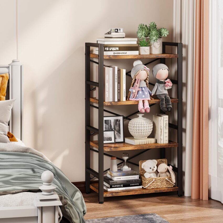 4-Tier Small Bookshelf – Rustic Brown Metal Bookcase for Storage & Organization in Home or Office