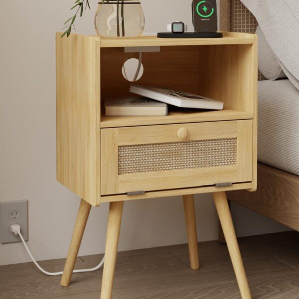 Rattan Nightstand – Oak Farmhouse Side Table with Drawer & Shelf