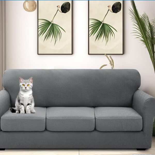 4-Piece Stretch Couch Cover for 3-Cushion Sofa – Thick, Non-Slip Furniture Protector for Pets (Light Gray, 71"-91")