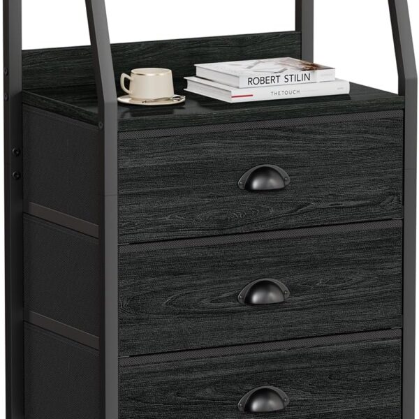 Black Nightstand with 3 Fabric Drawers – Small Dresser with 2-Tier Shelf & Wood Top