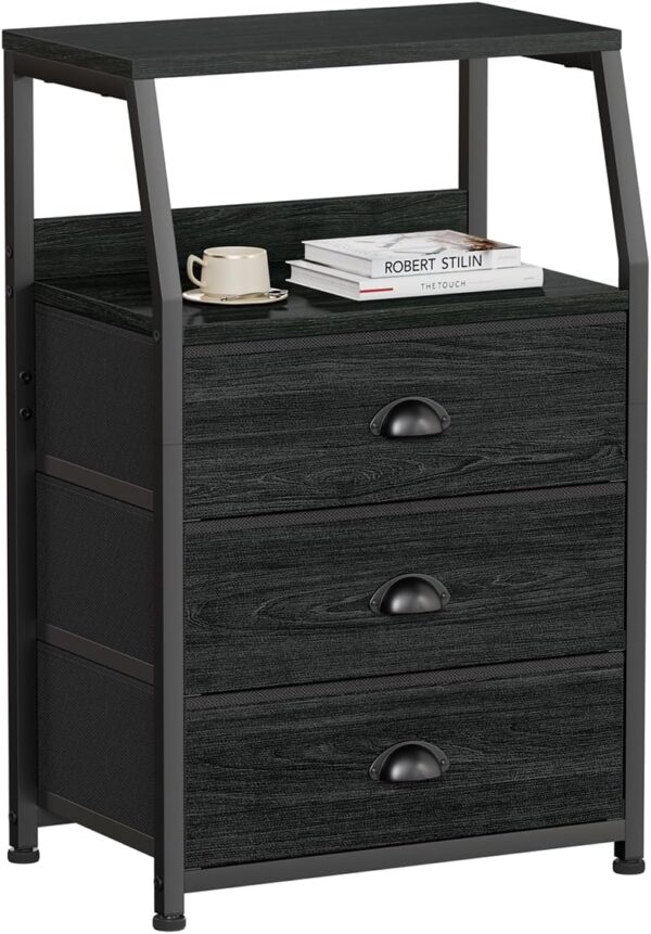 Black Nightstand with 3 Fabric Drawers – Small Dresser with 2-Tier Shelf & Wood Top