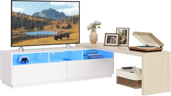 Adjustable TV Stand with Power Outlet, LED Light, Fits TVs up to 106", Cloud White & Beige (ULTV126W01)