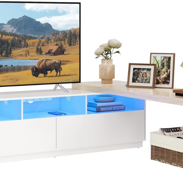Adjustable TV Stand with Power Outlet, LED Light, Fits TVs up to 106", Cloud White & Beige (ULTV126W01)