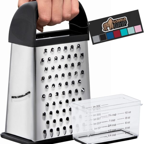 XL 4-Sided Cheese Grater with Container – BPA-Free Stainless Steel, Parmesan Shredder & Veggie Grater (Black)