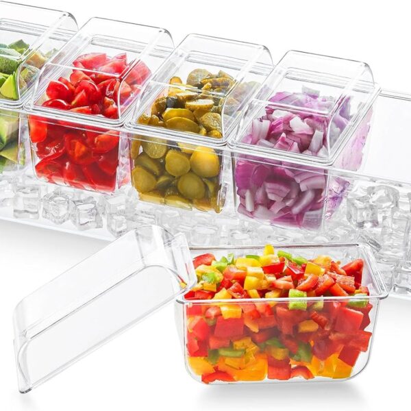 Ice Chilled Condiment Caddy with 5 Containers – Removable Lids, Serving Tray for Fruits, Salad, Tacos & Party Garnish