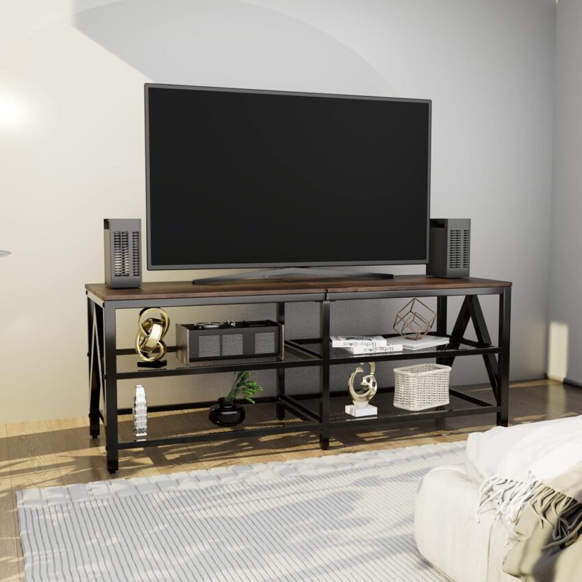 55" Rustic TV Stand for up to 65" TVs – 3-Tier Shelves & Metal Frame