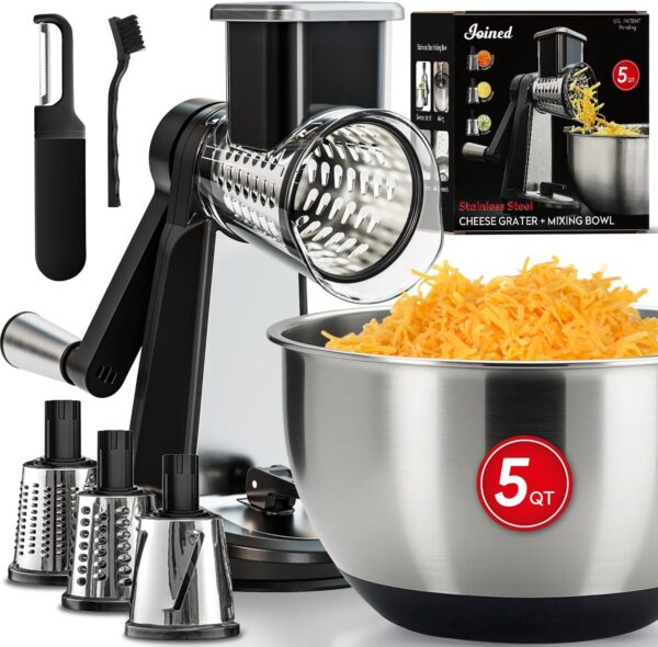 Stainless Steel Rotary Cheese Grater with Stand, 5 Qt Bowl & 3 Drum Blades – Mandoline Slicer & Chopper with Peeler