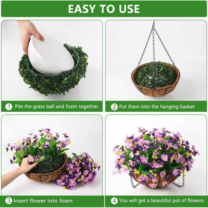 Purple Artificial Daisy Hanging Flowers in Basket – UV Resistant Faux Plants for Outdoor Patio, Lawn & Garden Decor