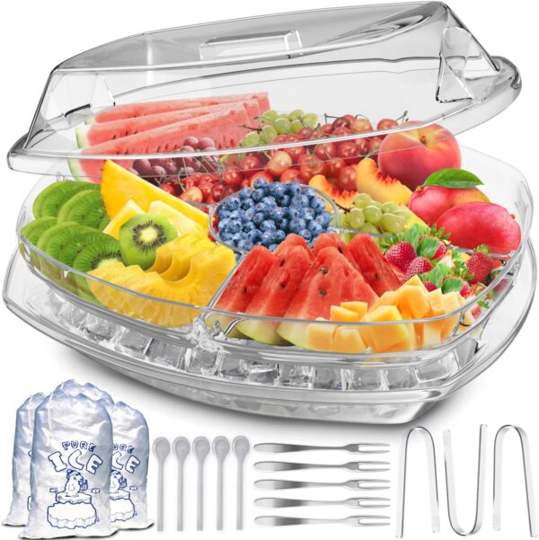15" Premium Chilled Serving Tray with Lid & Dip Holder – 4-Compartment Party Platter for Fruits, Veggies, Shrimp