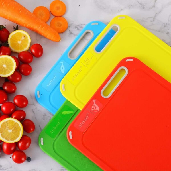 4-Piece Plastic Cutting Board Set with Storage Stand – BPA-Free, Dishwasher Safe, Color-Coded for Food Safety