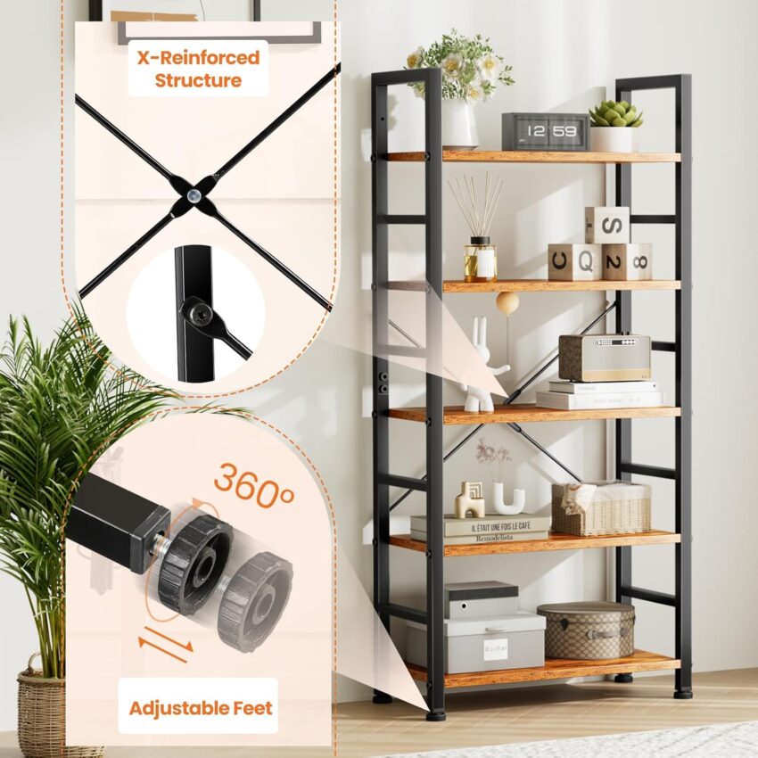 Sweetcrispy 5-Tier Tall Bookshelf – Rustic Brown Industrial Storage Organizer for Home & Office