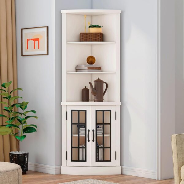 65" Curved Corner Cabinet – 5-Tier Bookcase with Glass Doors & Adjustable Shelves (Distressed White)
