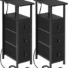 Set of 2 Narrow End Tables with Charging Station – Slim Nightstands with Fabric Drawers - Image 8
