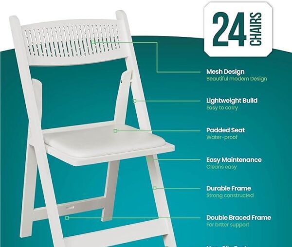 White Stackable Folding Chairs with Padded Seat & Mesh Back (24 Pack, 800 lbs. Capacity)