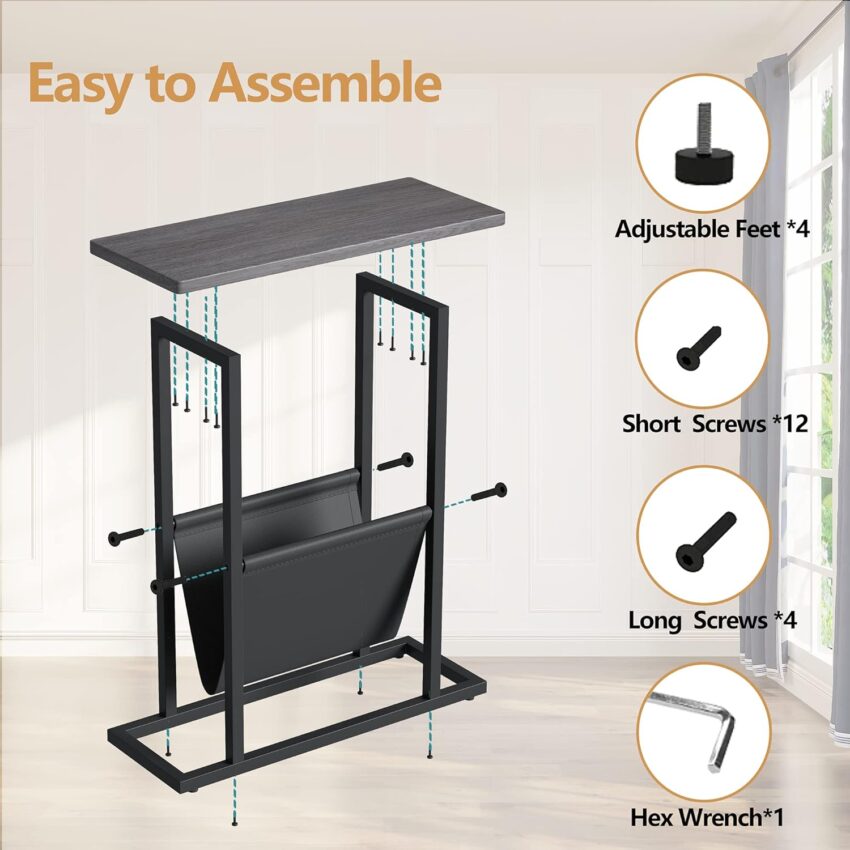 "Slim Side Table with Storage, 17.7'' Narrow End Table for Small Spaces – Grey, Iron Frame"