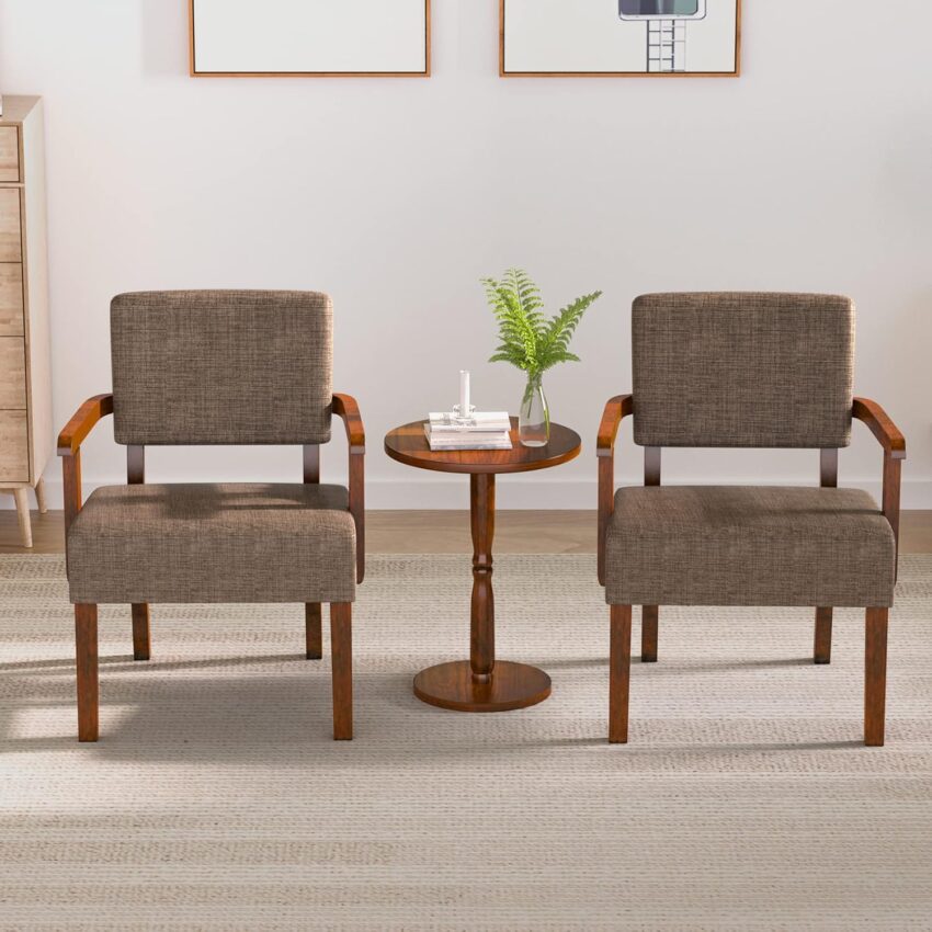 Accent Chair Set of 2 with Table – Soft Seat & Armrests, Brown (AC01)