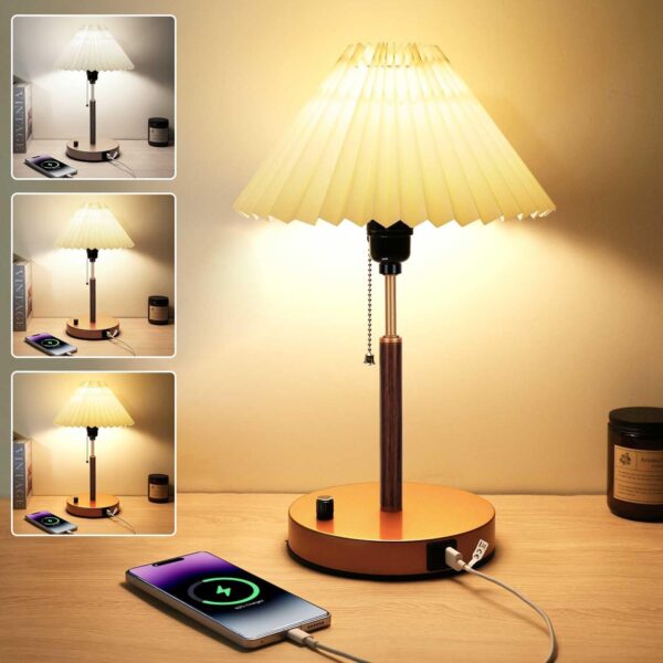 Dimmable Bedside Table Lamp with USB-C, Fabric Shade & Bulb – Small Nightstand Lamp for Bedroom/Living Room