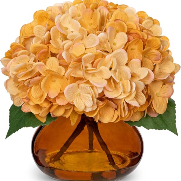 Yellowish-Orange Hydrangea Artificial Flowers in Glass Vase – Faux Silk Floral Arrangements for Home & Table Centerpiece Decor