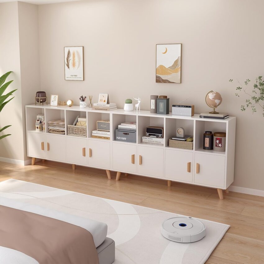8-Cube Wooden Bookcase with Doors – 2-Tier Floor Shelf, Warm White