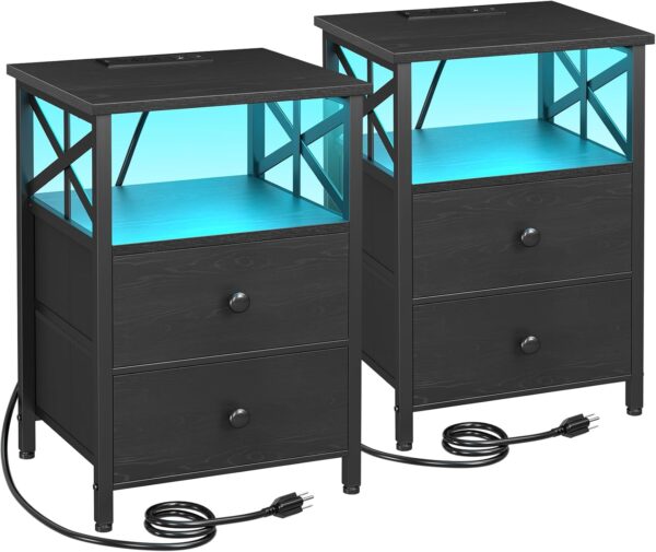 Set of 2 LED Nightstands with Charging Station – Black Bedside Tables with Fabric Drawers