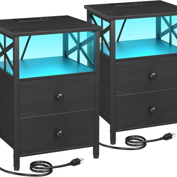 Set of 2 LED Nightstands with Charging Station – Black Bedside Tables with Fabric Drawers