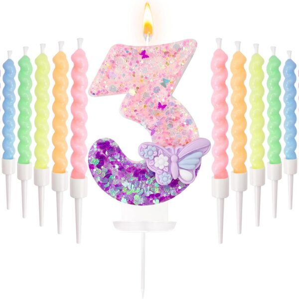 Number 3 Birthday Candle with Purple Butterfly & 12 Rainbow Spiral Candles