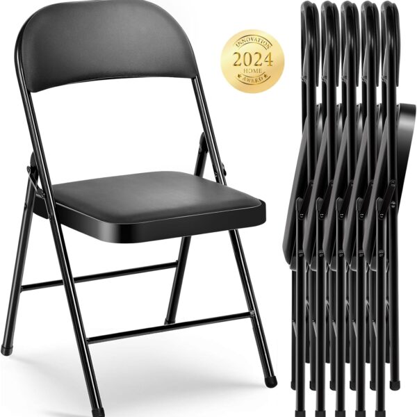 6-Pack Padded Folding Chairs – Heavy Duty Steel Frame, Cushioned Vinyl, Black for Indoor & Outdoor Use