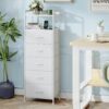 White Nightstand with Charging Station & LED – Tall 5-Drawer Dresser with Fabric Bins, White Leather - Image 4