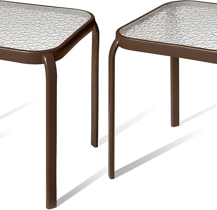 Set of 2 Bronze Outdoor Side Tables – 16" Square with Tempered Glass Top